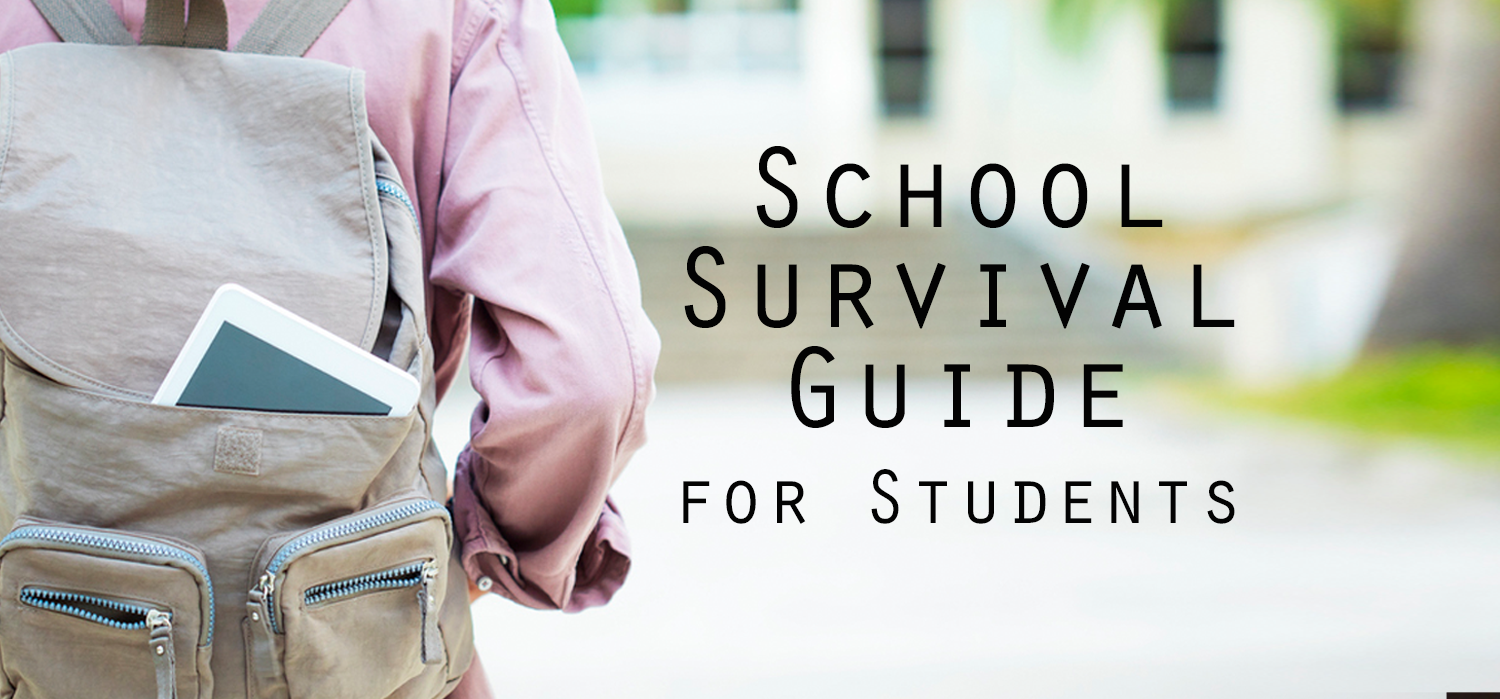 backpack with a tablet sticking out of it and the words "School Survival Guide for Students" next to it